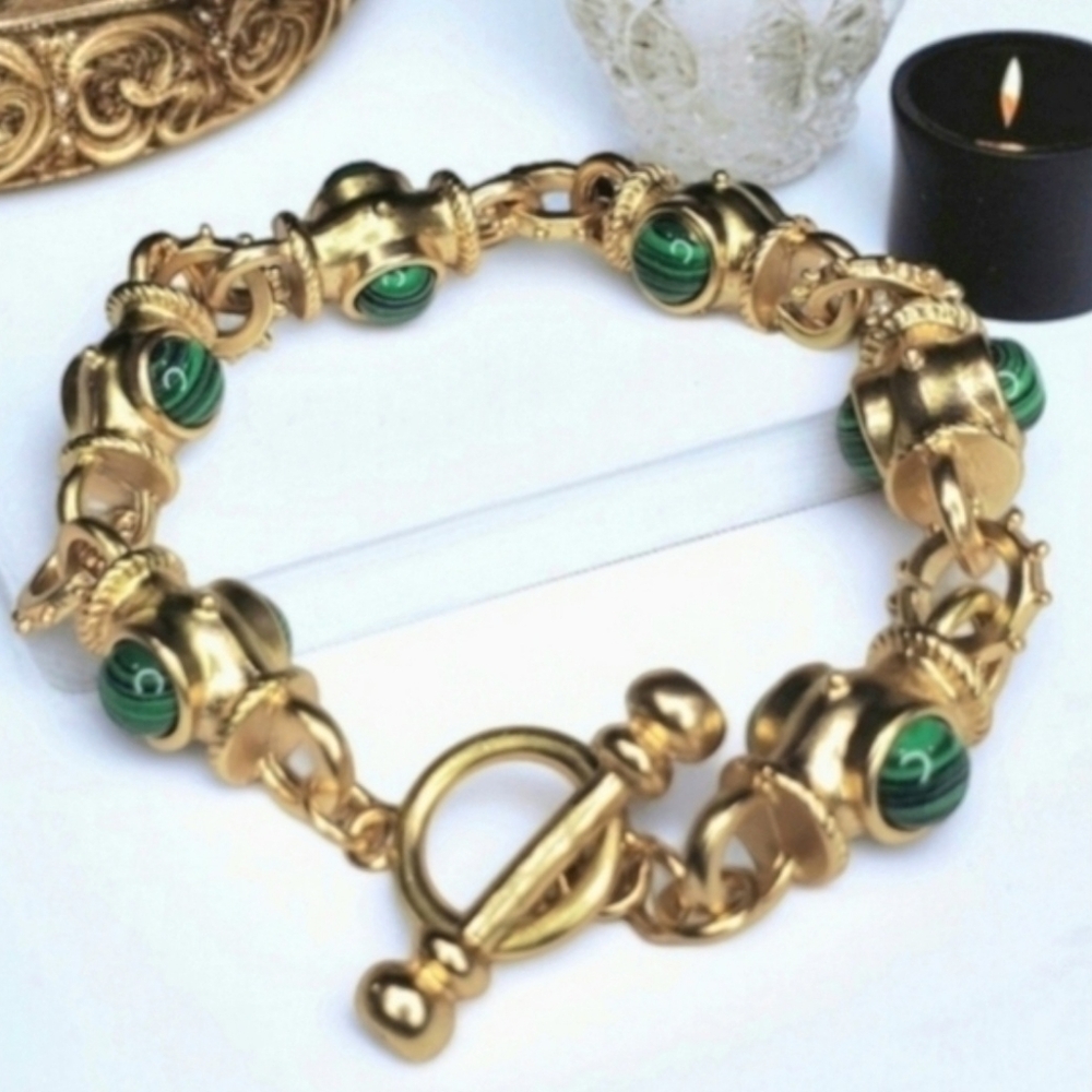 Matte Gold Byzantine Revival Malachite Cabochon Toggle Bracelet